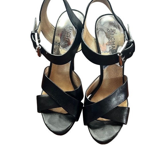 Michael Kors Oksana Black Leather Criss Cross Ankle Strap High Heel Sandals 6.5M - Picture 1 of 8